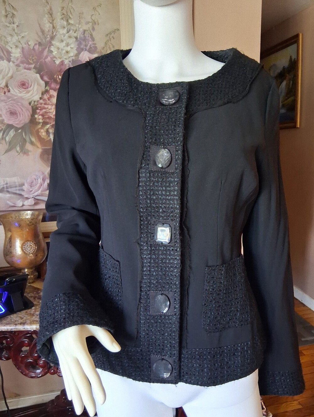 Womens Black Textured Trim Jacket